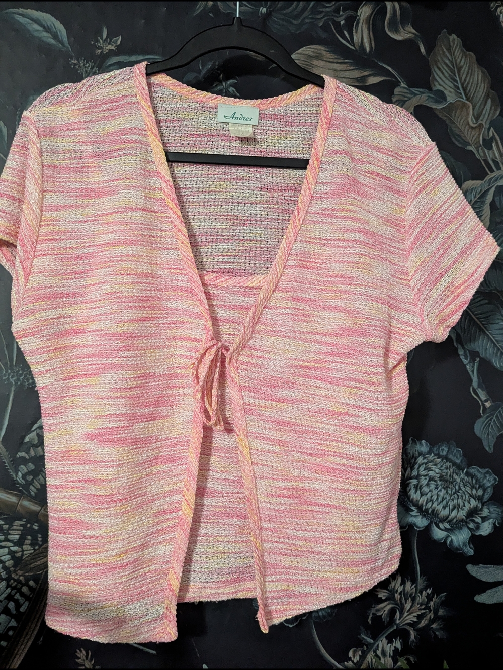 Vtg Andres Tie Front Knit Cardigan Built In Tank Pink Yellow Size  2XL